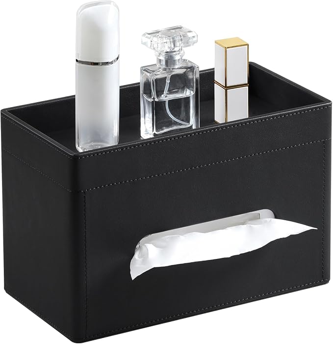 Plus Size Tissue Box Cover, Rectangle Tissue Box Organizer, Black | Fit 180/230 Count Tissue Boxes, Storage Tray, PU Leather Large Tissue Box Cover, Rectangular Tissue Box Holder for Bathroom