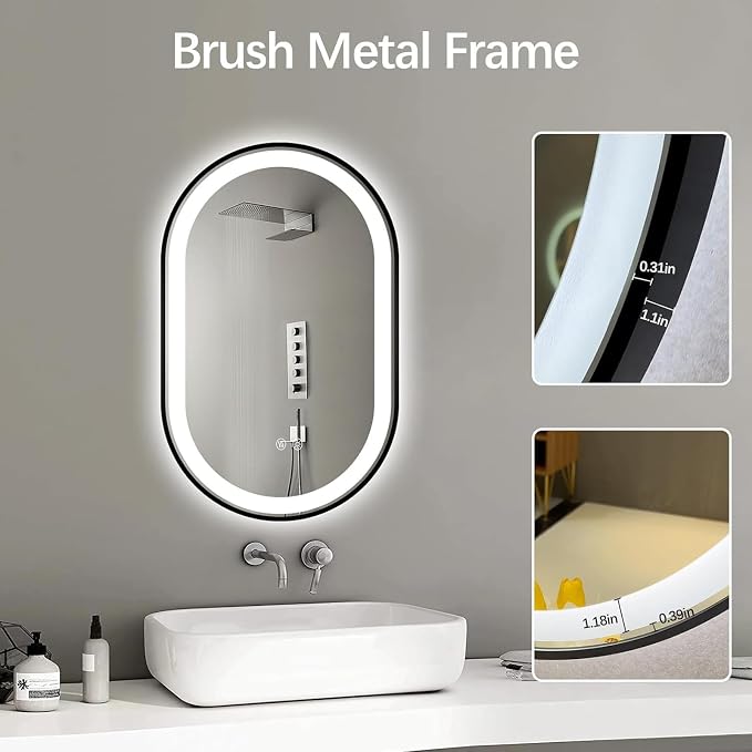 Oval LED Bathroom Mirror, Backlit + Front Lit Mirror Black Frame | 3 Color Dimmable, Anti-Fog, 32"x20", Memory Function, Shatter-Proof, HD Glass, Pill-Shaped Mirror, Vertical or Horizontal