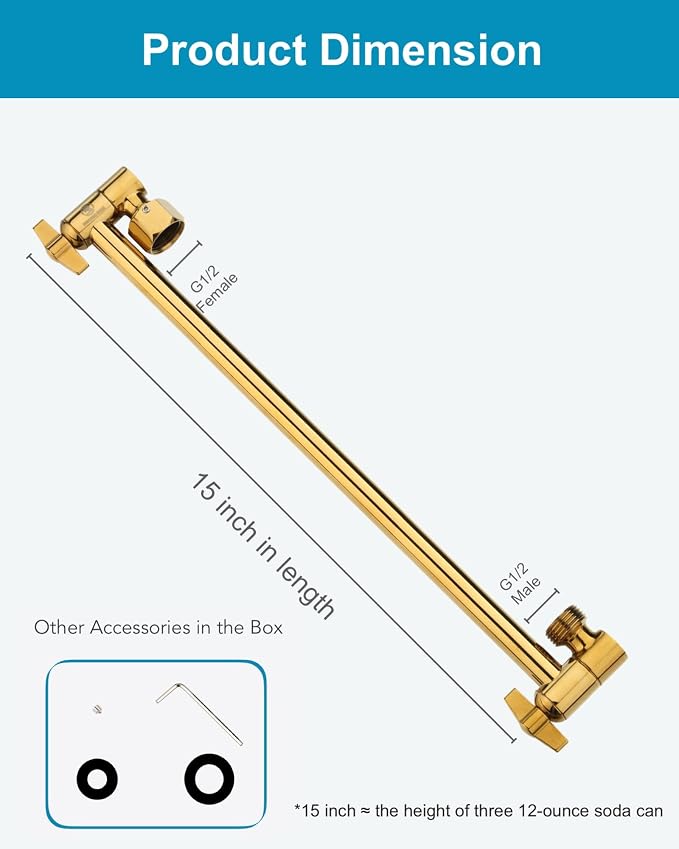15 Inch Extra Long Adjustable Shower Head Extension Arm With Locking Set Screw, Singing Rain 304 Stainless Steel Angle Height Adjustable, G1/2 Universal Connector Compatible (Egyptian Gold)
