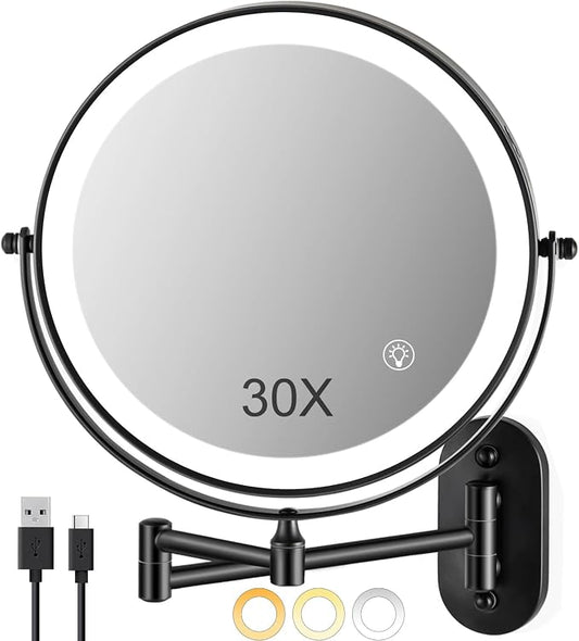 Magnifying Mirror with Lights 1x/30x: 9" Wall Mounted Lighted Makeup Mirror | Rechargeable 3000mAh, Double Sided, Extendable Arm, 360° Swivel Bathroom Mirror, Black
