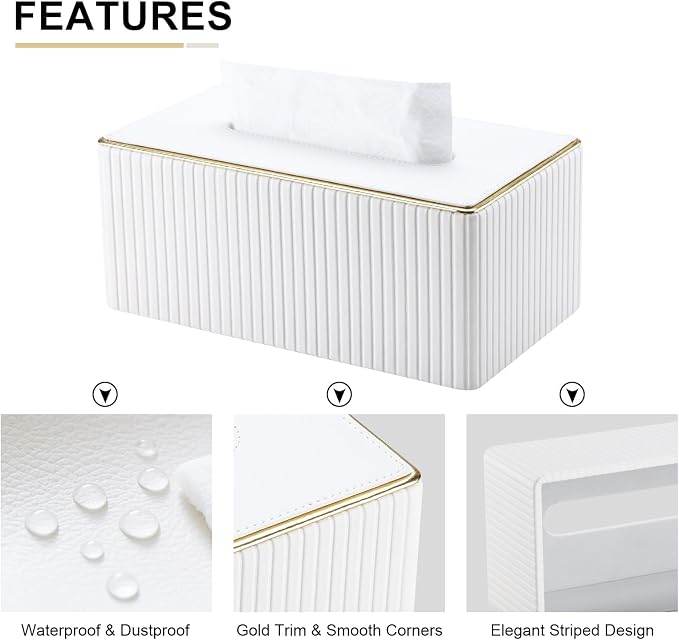 Rectangular Tissue Box Cover, PU Leather Tissue Box Holder with Magnetic Bottom, Napkin & Facial Tissue Holder Dispenser Decorative Box Cover for 120-count (3-Ply) 160-count (2-Ply) White