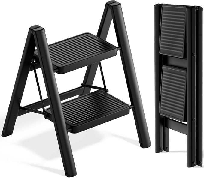 2 Step Ladder, Folding Step Stool, Lightweight Stepladder, Black | Anti-Slip 7.9'' Wide Pedal;Space-Saving;For Kitchen, Home, Library, Office Use;300lbs Capacity