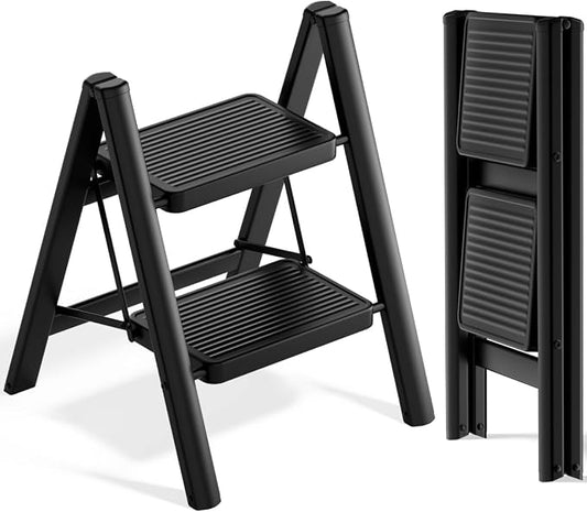 2 Step Ladder, Folding Step Stool, Lightweight Stepladder, Black | Anti-Slip 7.9'' Wide Pedal;Space-Saving;For Kitchen, Home, Library, Office Use;300lbs Capacity