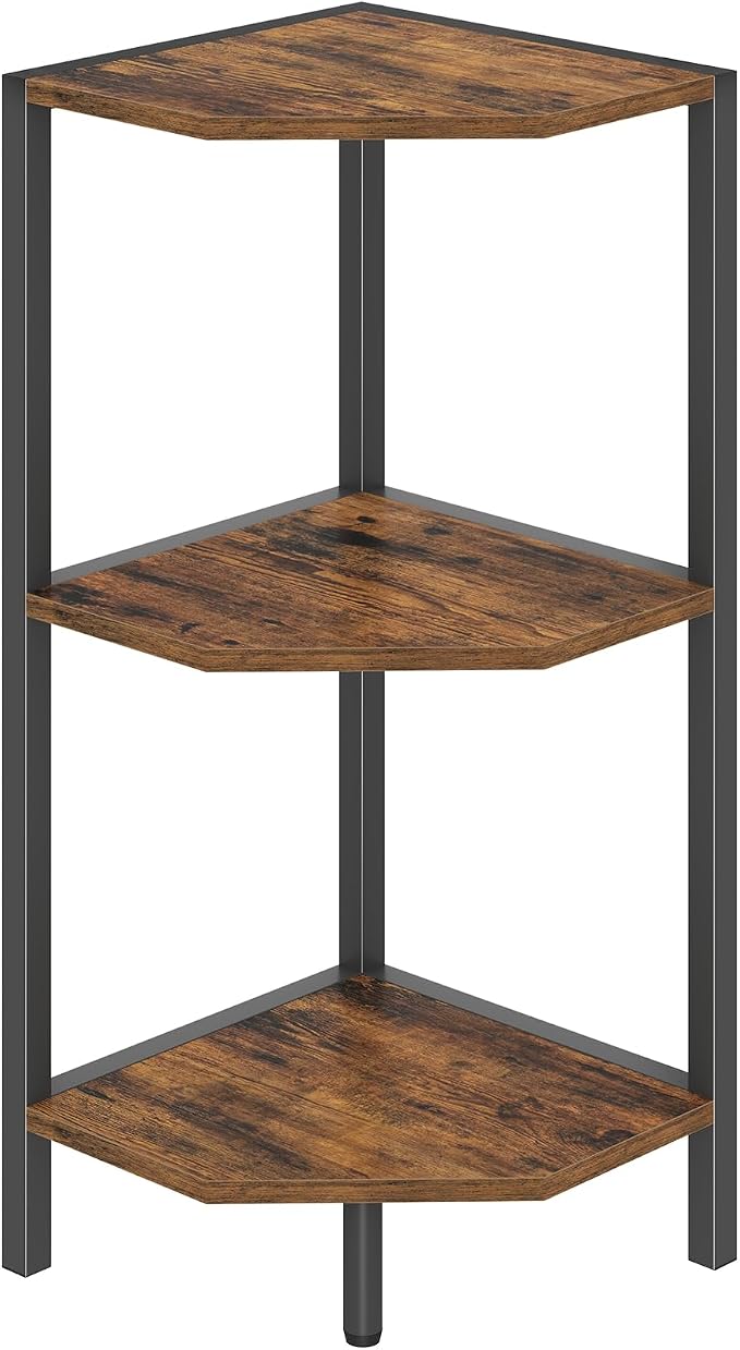 Creso hom Corner Shelf, 3-Tier Industrial Corner Bookshelf with Metal Frame | Multipurpose Corner Display Rack for Living Room Kitchen Bedroom Office Organization and Storage, Rustic Brown