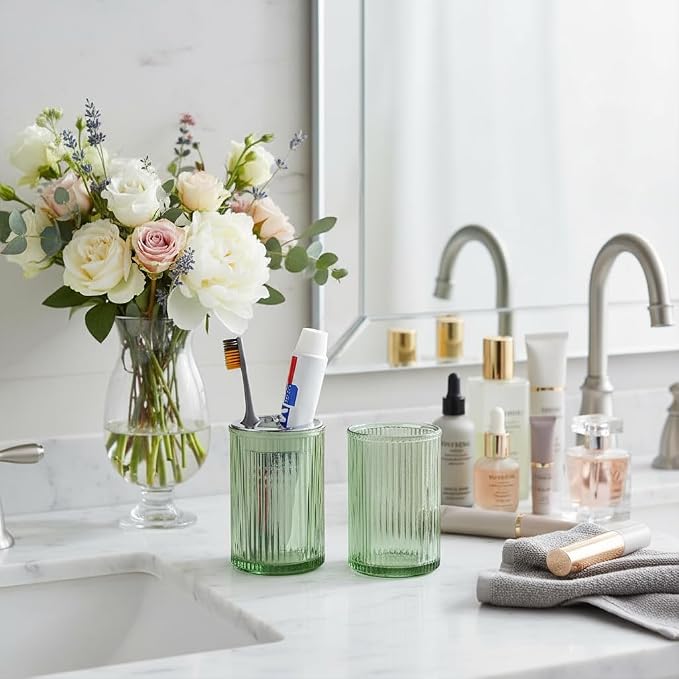Green Toothbrush Holders for Bathrooms, 2pcs Glass Toothbrush Holder and 12oz Bathroom Tumbler Cup Set, Silver Tooth Brush and Toothpaste Organizer for Bathroom Vanity Countertop
