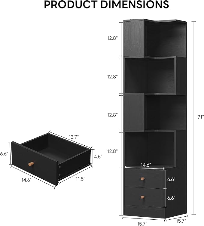 IRONCK Corner Bookshelf, 70.87" Tall Corner Bookcase with Drawers, Black | 90° design saves space. 110 lb capacity. Corner Shelf Storage Display Rack for Living Room Home Office