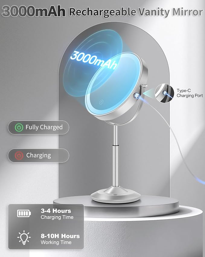 VFD 8'' 30X/1X Magnifying Makeup Mirror with Lights Height Adjustable | Lighted Vanity Mirror with 3 Color Adjustable Brightness, 3000mAh Rechargeable Double Sided Switch for Desk Women Gift