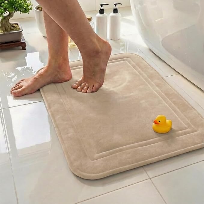 Memory Foam Bath Mat 24x16, Non Slip, Machine Washable, Quick Dry & Absorbent Rugs, Bath Mats for Bathroom Floor, Tub & Shower, Bathroom Rug, Beige