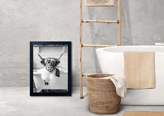 Framed Highland Cow Canvas Wall Art Funny Cow Bathroom Decor Black and White Cow Pictures Wall Decor Farmhouse Animal Bathroom Artworks