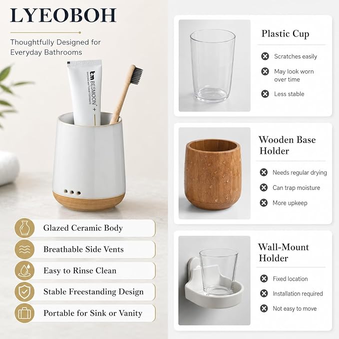 LYEOBOH Ceramic Toothbrush Cup, Cute Toothbrush Holder with Drainage,White | Farmhouse Tooth Brush Holder for Bathroom, Countertop Toothbrush Organizer, Electric Toothbrush Storage for Kids & Family