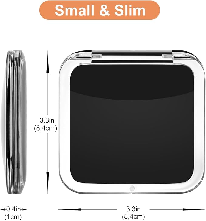 SANTOO Compact 15X Magnifying Makeup Mirror for Travel, Small Pocket Mirror-Handheld, Foldable & Portable 2-Sided with 15X Magnifying and 1X Mirror for Purses - Square 3.3 x 3.3 inch (Black)