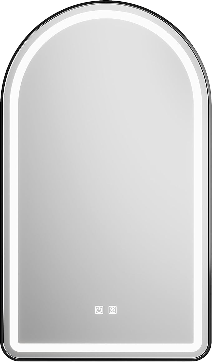 Arched Bathroom Mirror 24"x36", Black, LED Tempered Glass | arch led bathroom mirror black wall mounted vanity lighted tempered glass dimmable anti fog metal frame