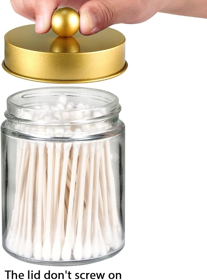 Amolliar Glass Apothecary Jar Qtip Holder Metal Lids 4pc/Gold | Bathroom Decor Countertop Vanity Storage Organizer Set for q tip holder,Cotton Swabs/Rounds,Makeup Sponges,Cute Stickers
