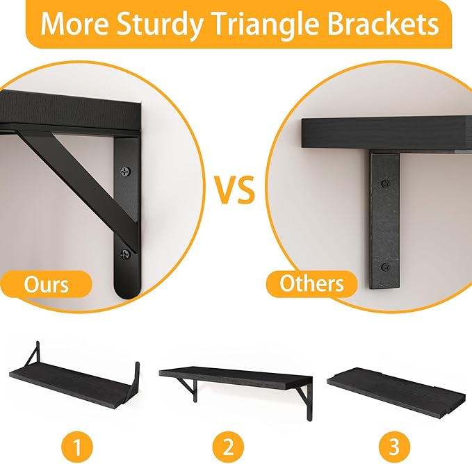 Fixwal Wall Floating Shelves for Home Decor (Black, Set of 3, 16.5 Inch) | Wood Shelves, Natural Grain, 40Lb Capacity, Sturdy Triangle Brackets, Versatile for Any Room