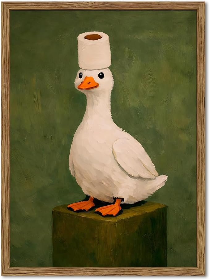 Funny Duck Bathroom Wall Art Cute Goose Toilet Paper Wall Decor Picture Vintage Animal Restroom Poster Canvas Painting Print 12x16 inch Wood Framed