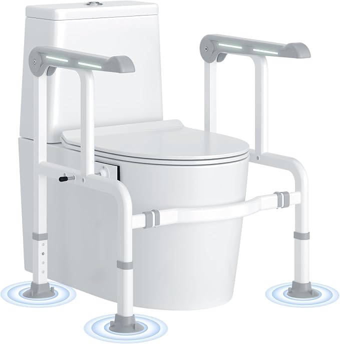 Toilet Safety Rails for Elderly & Disabled with Glow-in-the-Dark Handles, 450 lbs Heavy-Duty Frame, Flip-Up Arms, Dual Lock (Suction & Clamp), Adjustable No-Wobble Support, Grey