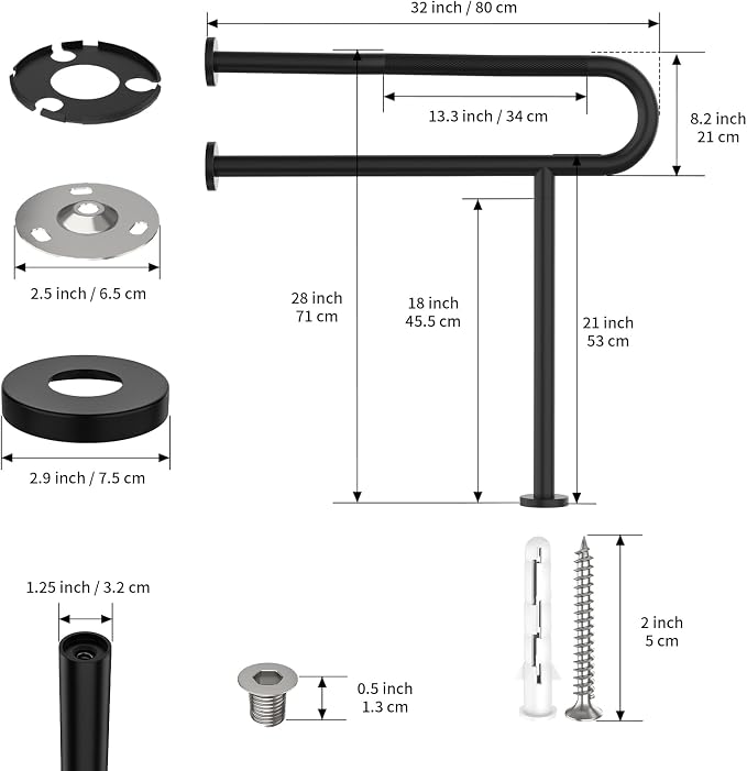 Toilet Grab Bar 32Inch with Leg, YuanDe Matte Black Wall Mounted Safety Bar | Stainless Steel Anti-Slip Bathroom Support Rail for Elderly Disabled Pregnant