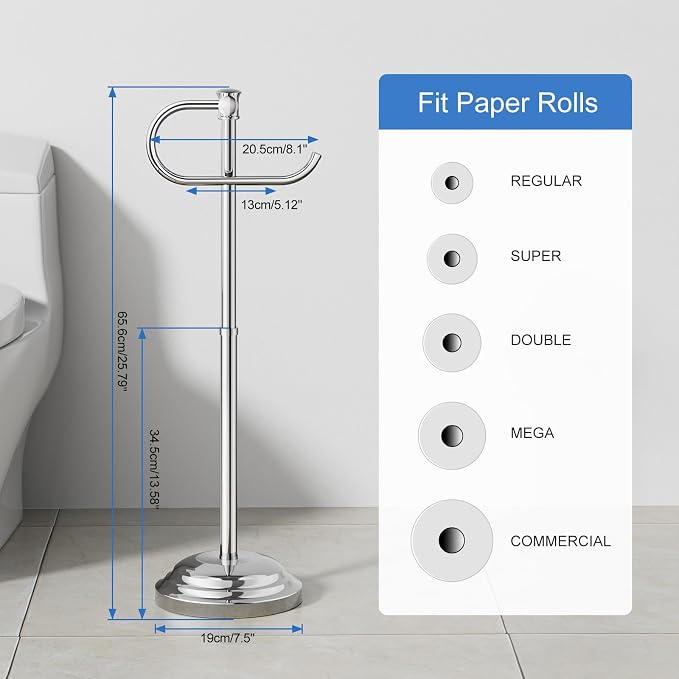 RUMOSE Toilet Paper Holder Stand for Floor Free Standing, Chrome | Bathroom Freestanding Toilet Tissue Roll Holder with Storage, Adjustable 17-25 Inch, Rustproof, SUS304 Stainless Steel