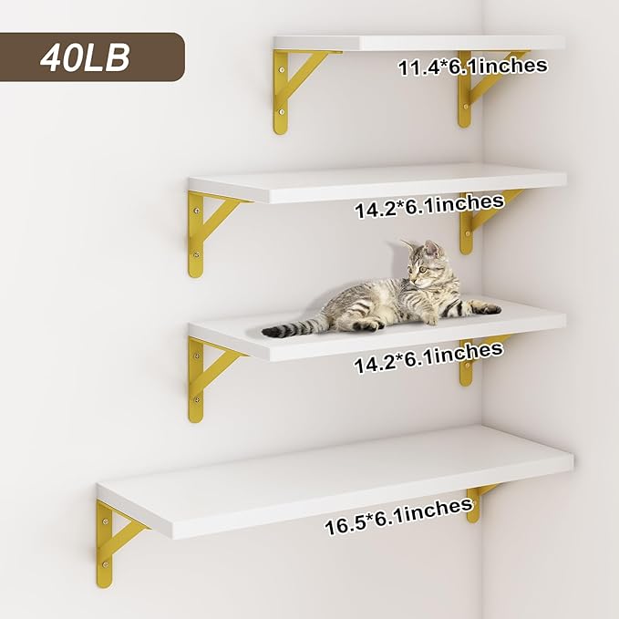 YGEOMER 4 Different Sizes Floating Shelves for Wall Decor, White and Gold | Rustic wood shelves in mixed sizes for flexible combined storage. Fits bathroom, kitchen, living room, bedroom and office.