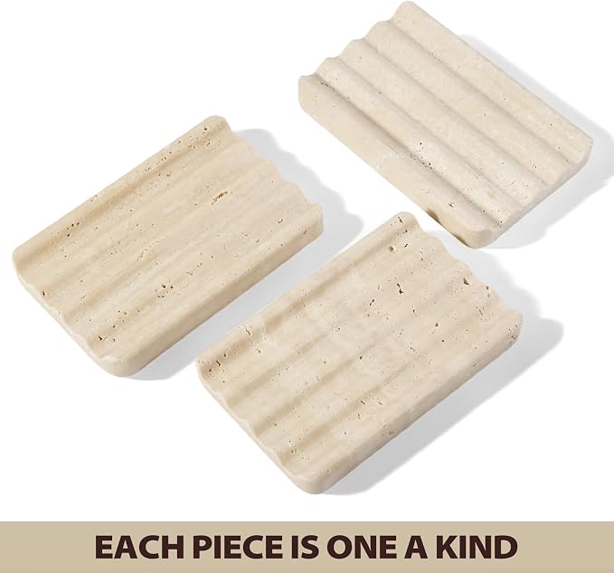 Natural Travertine Soap Dish for Bathroom Shower, Marble Soap Tray Travertine Dish for Bathroom, Stone Soap Tray for Sink, Stripe Grooves Soap Saver Keep Soap Bars Dry Easy Clean