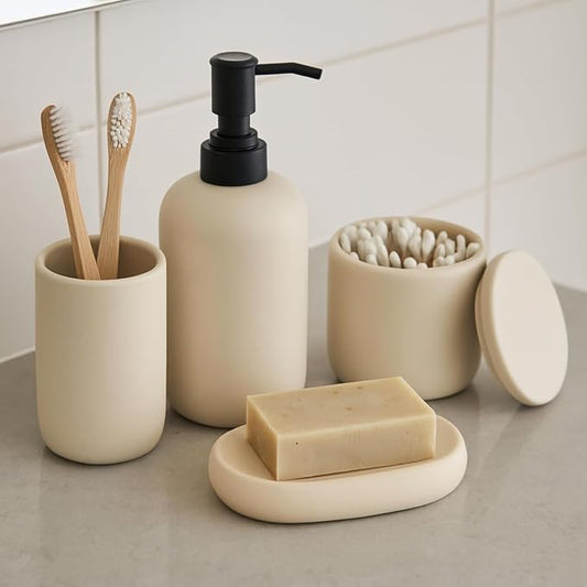Modern Minimalist Ceramic Bathroom Accessories | Set of 4 | Cream | Soap Dispenser + Toothbrush Holder + Soap Dish + Cup, Aesthetic Scandinavian Design, Home Decor, Scratch Resistant, Durable