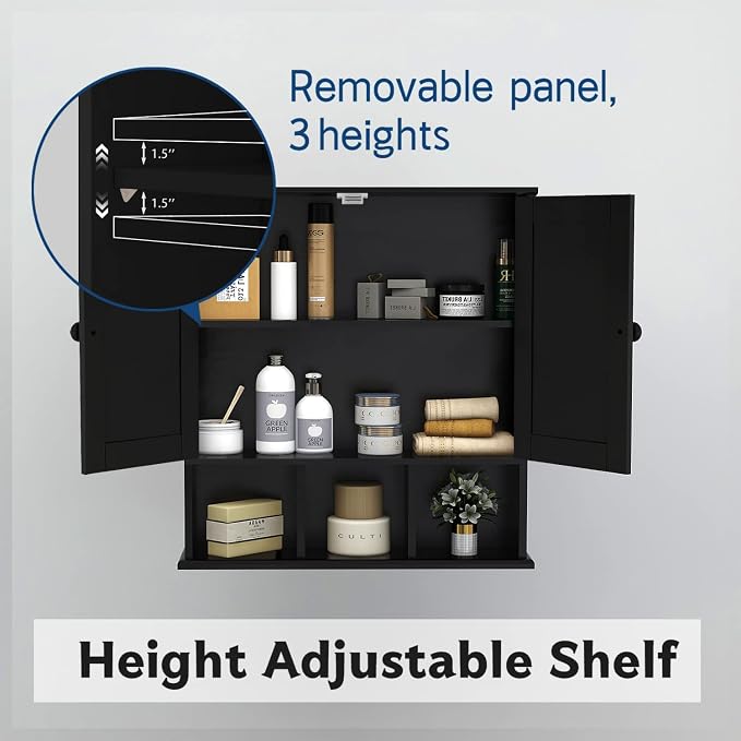 TaoHFE Black Medicine Cabinet Bathroom Over the Toilet Storage Cabinet | Wall Medicine Cabinet Organizer with 2 Door Adjustable Shelves, Wooden Modern Bathroom Shelves Wall Mounted Laundry Room