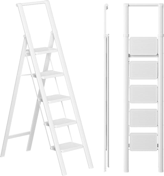 5 Step Ladder, Folding Step Stool, Lightweight Stepladder, White | Reach 10ft;Anti-Slip 7.9'' Wide Pedal;Portable Handrail;Space-Saving;For Kitchen, Home, Library, Office Use;300lbs Capacity