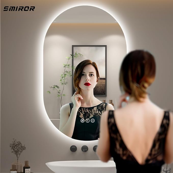 SMIROR 20x32 Oval Backlit LED Bathroom Vanity Mirror with Lights for Wall | Pill-Shaped, 3 Color Lighting, Anti-Fog, Memory, Tempered Glass, UL, Horizontal/ Vertical Wall- Mounted