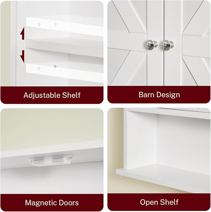 Bathroom Wall Cabinet, Bathroom Cabinet with Barn Doors & Adjustable Shelf, Over The Toilet Storage Cabinet, Medicine Cabinet, White UNGGX001WV1