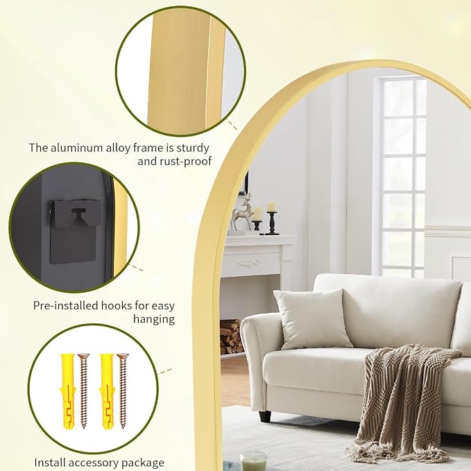 BEAUTYPEAK 36"x48" Arch Bathroom Wall Mirror, Gold | Wall Mounted Vanity Metal Frame Mirror for Bedroom, Entryway, Living Room, Fireplace