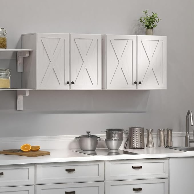FIMELLO Wall Cabinet, Bathroom Wall Cabinet, Farmhouse Wall Mounted Cabinets for Kitchen Garage Laundry Storage, Medicine Cabinet with 2 Door and Shelf, Laundry Room Wall Cabinets, White Grain