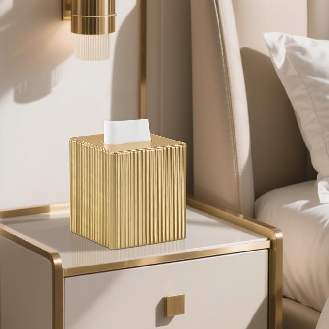 PU Leather Tissue Box Cover Square, Tissue Box Holder Gold | Non Slip Base, with Magnetic Closure, Cube Tissue Cover for Living Room Bathroom Vanity Nightstand Bedroom