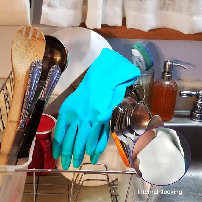 Alimat PluS Kitchen Gloves Latex Free, Cotton Flock Liner, 4 Pairs, Medium | Reusable Dishwashing Gloves with Non Slip Embossed Texture, Waterproof Cleaning Gloves for Laundry, Gardening