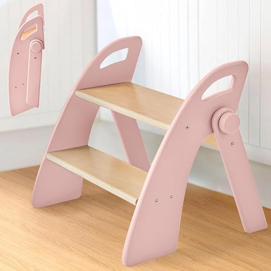 Wooden 2 Step Stool for Toddlers, Foldable 2-Step with Non-Slip Pads and Handles, Bamboo Step Stool for Kids Bathroom Sink and Potty Training, Kitchen Helper, Nursery Bedroom (Pink)
