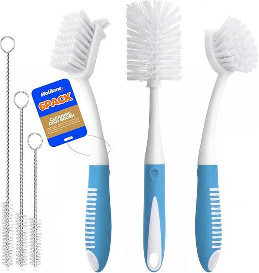 Holikme 6 Pack Dish Brush Set with Bottle Brush, Dish Scrub Brush,Blue | Pan Brush and 3 Straw Brushes, Deep Cleaning Handle Brush with Scraper Tip for Kitchen Sink Dishes Bottle Cup Pot and Pans