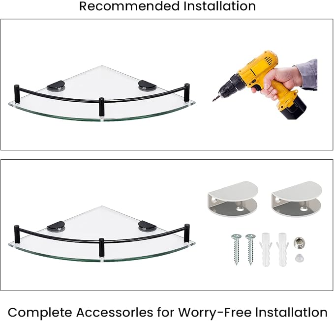 Glass Shelf Bathroom Floating Shower Corner Shelves Shampoo Holder with Rail Wall Esquinero para Baño for Inside Shower 2 Pack