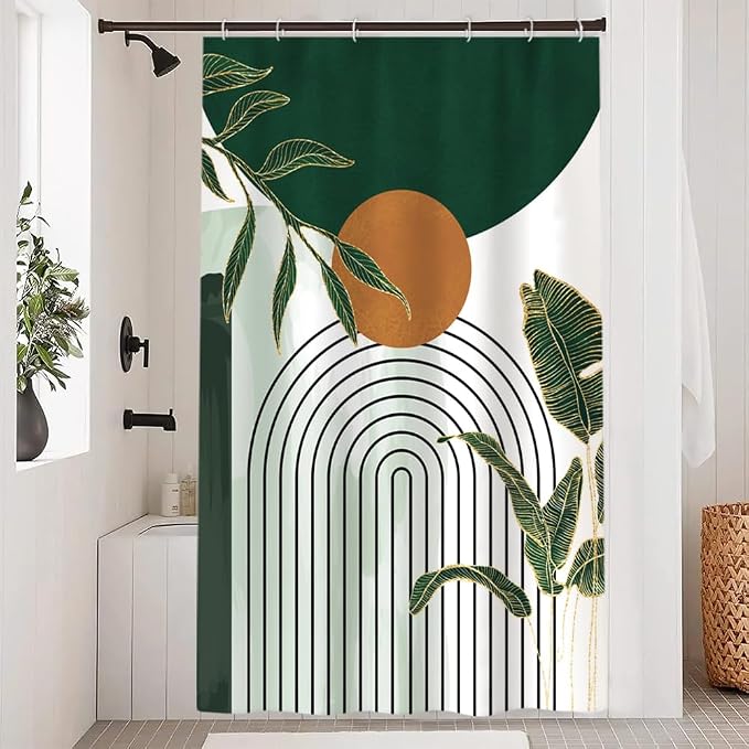 Abstract Boho Green Stall Shower Curtain with Hooks 48x72 Inch | Waterproof Small Emerald-green Leaves Bathroom Curtain for Shower Stall, Machine Washable