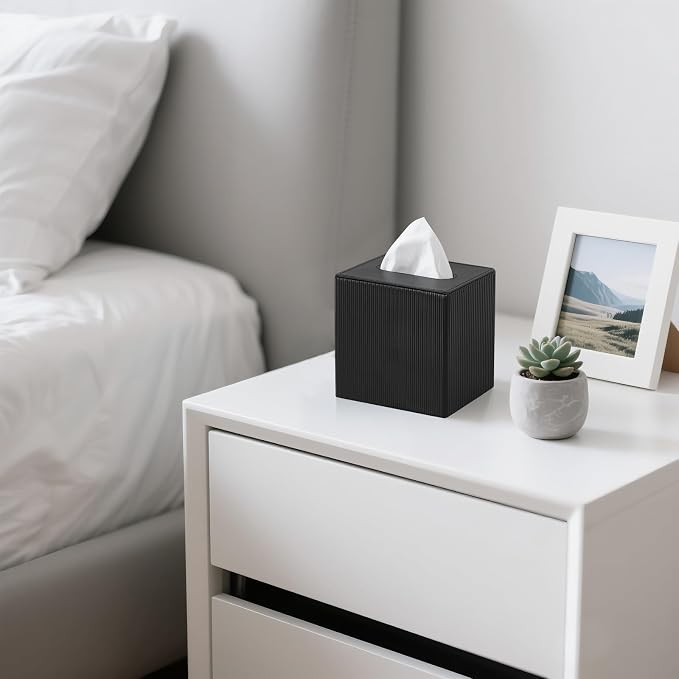 Mkono Tissue Box Cover, PU Leather Square Holder with Bottom, Black | Decorative Facial Cube Organizer, Vanity Dresser Countertop Tabletop, Bathroom Bedroom Office Nightstand, Home Decor Accent
