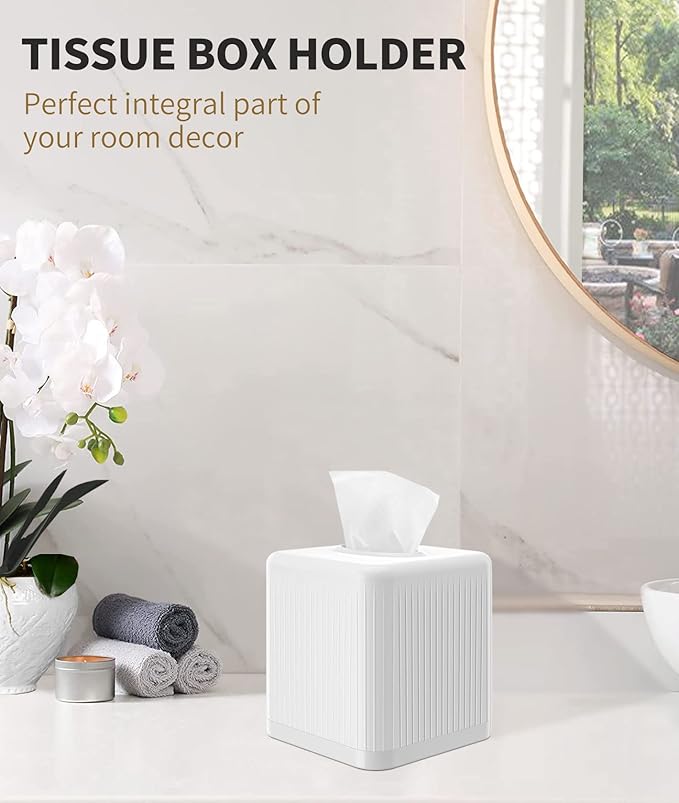 Livelab Tissue Box Cover with Base, Square Plastic Tissue Box Holder Decorative Tissue Cover Modern Cube Facial Tissue Dispenser for Bathroom Vanity Countertop, Living Room, Bedroom, Office - White