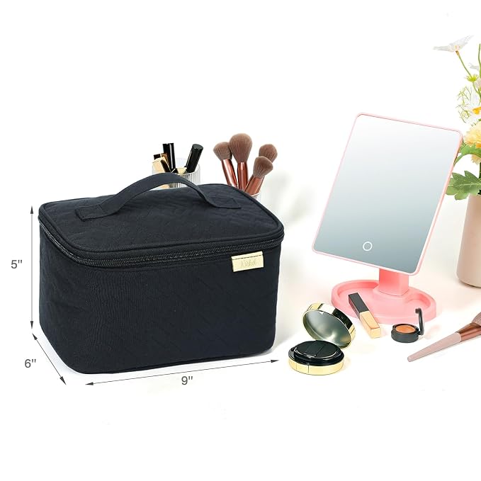 NISHEL Large Makeup Bag Organizer, Double Layer Cosmetic Travel Case | Organizer for brushes, bottles, makeup and skin care products, ideal for trips and daily use, Black, Medium