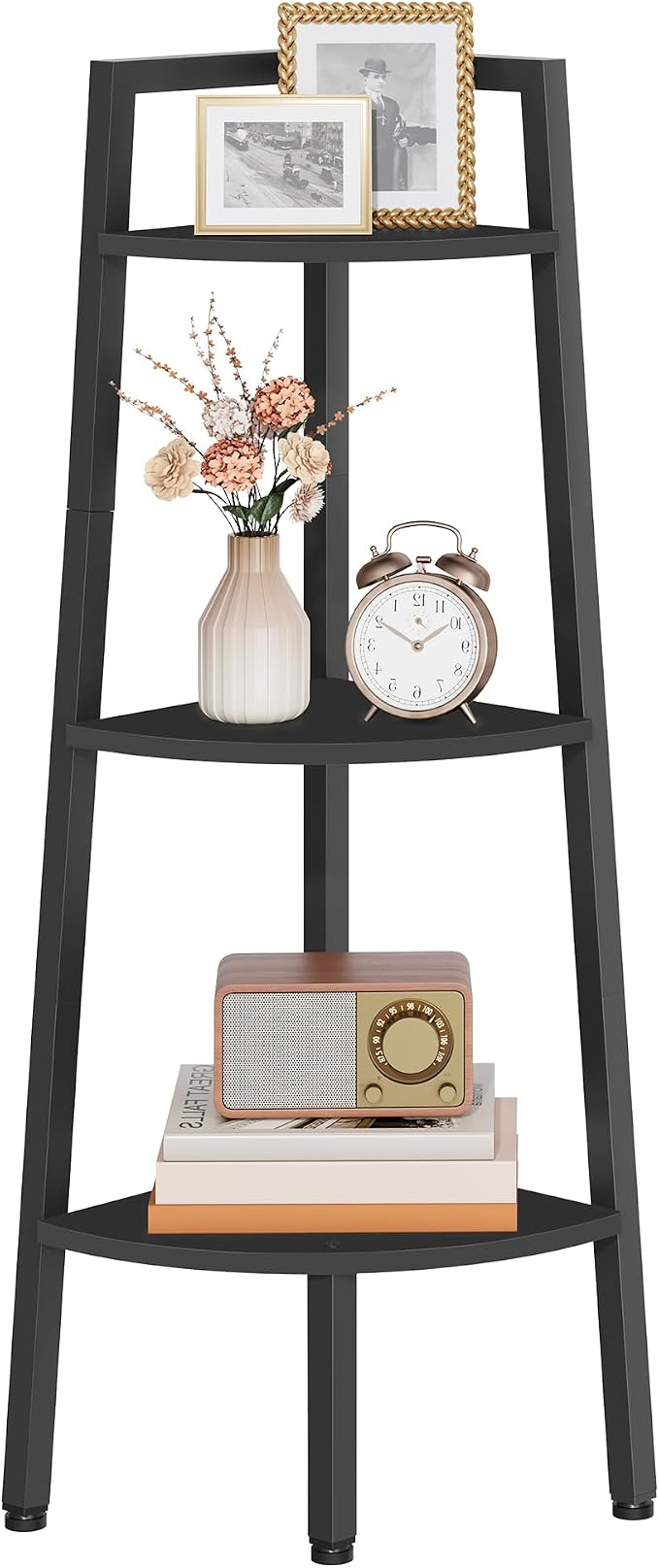 Hoctieon Corner Shelf, 3-Tier 40" Tall Corner Bookshelf, Rustic Ladder Shelf, Industrial Display Stand for Living Room, Kitchen, Home Office, Balcony, Small Space, Metal Frame, Black