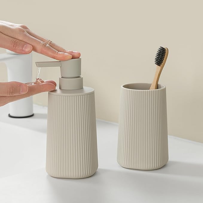 YAUKPH Bathroom Soap Dispenser and Toothbrush Holder Striped Beige | Bathroom Accessories Set 2 Piece for Bathroom Countertop Storage and Decor