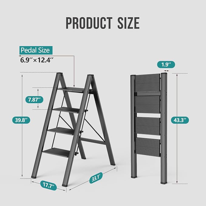 4 Step Foldable Step Stool, 300lbs Load, Black | Folded 43''H x 2''T; Net 9.9 lbs; Non-Slip Feet: Wood/Tile/Carpet; Rigid Aluminum Steps; No Assembly; Ready From Box.