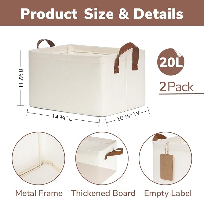 CHICVITA Fabric Storage Bins for Shelves, Metal Frame, 2-Pack, Beige | 20L, 14 ¾" L x 10 ¼" W x 8 ¼" H, Collapsible Design, Towels, Toys & Books Storage, Closet & Living Room Organization
