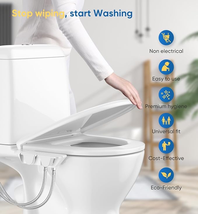 Ultra-Slim 3-in1 Bidet, Warm Water, Self-Cleaning, Posterior&Feminine Wash-(Retractable Dual Nozzles), Non-Electric Bidet Attachment for Toilet Seat, Adjustable Water Pressure, Stainless Steel Inlet | Toilet Seat Add-On