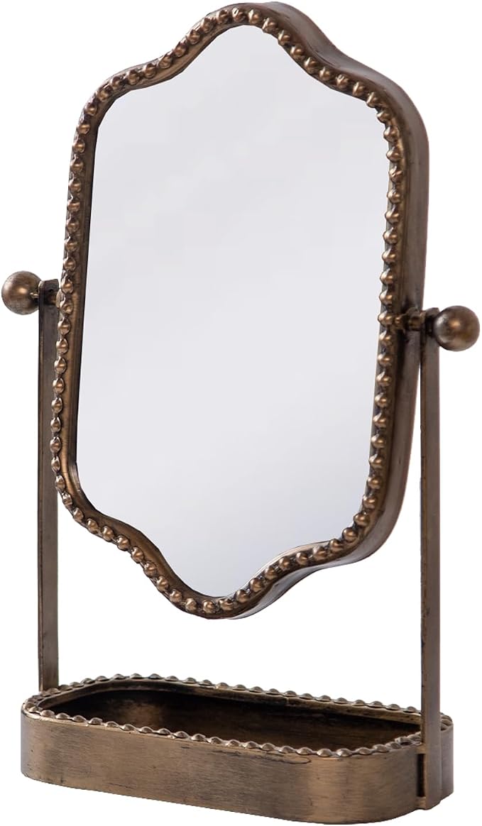 Vintage Makeup Mirror with Tray, 360° Rotatable Antique Table Vanity Mirror with Stand, Metal Retro Desktop Dressing Mirror for Home Decor, Countertop, Bedroom, Bathroom, Living Room