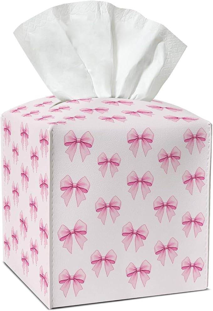 Pink Bow Tissue Box Covers Square, Leather Tissue Box Holders Decorative for Car Nightstand Home Office Bathroom Organizer, Square Facial Paper Organizer Home Decor -017