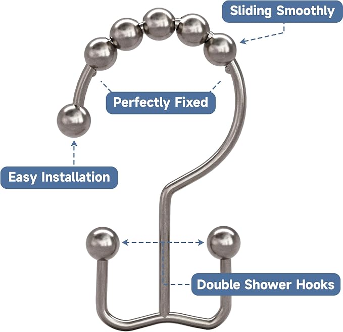Titanker Shower Curtain Hooks Rings, Rust Resistant Metal Double Glide Shower Hooks Rings for Bathroom Shower Rods Curtains, Set of 12 Hooks - Nickel