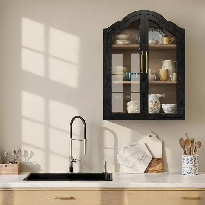 FIMELLO 23.6’’W Wave Design Arched Wall Cabinet, Bathroom Cabinet with Glass Doors Adjustable Shelf, Above Toilet Cabinet, Kitchen Wall Cabinet, Wall Bookshelf, Black Grain