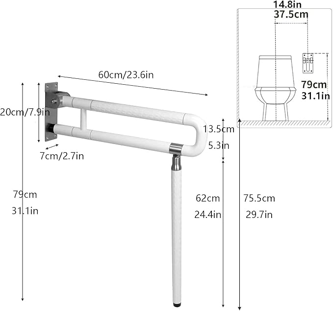 Nisorpa 29.5 INCH Foldable Toilet Grab Bar Flip Up Arm Grab Rails Anti Slip Handrails Bathroom Seat Support Handicap Bar Toilet Safety Rails for Elderly Pregnant Women Disabled